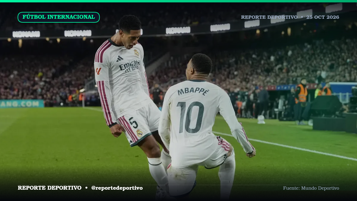 Kylian Mbappé celebra su gol número 100 con el Real Madrid en el Clásico